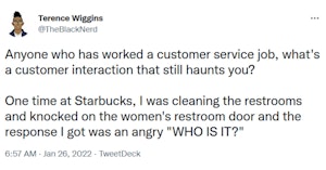 Terence Wiggins tweet asking for examples of customer interactions that "haunt" people
