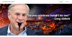 Parody image of Governor Greg Abbott with black sludge coming out of his eyes and mouth next to a fake quote attributed to "Gorg Abbott"