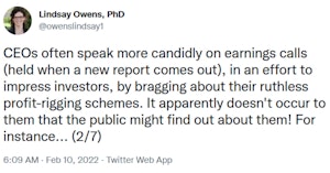 Lindsay Owens tweet about how corporate CEOs like to brag about price hikes on earnings calls