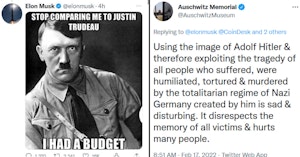 Elon Musk tweet of a Hitler meme comparing him to Justin Trudeau and the Auschwitz Memorial's response