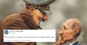 Political cartoon showing Hitler and a childlike Putin with Ukraine tweet saying it's not a meme