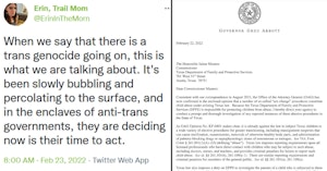 Order by Texas Governor Greg Abbott to investigate gender-affirming care pursued by trans kids as "child abuse" and tweet decrying this as genocide