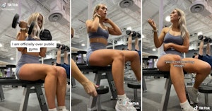 A fitness influencer getting her dumbbell jacked by some other gym member