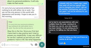 Text message conversations showing workers telling managers that they quit their jobs