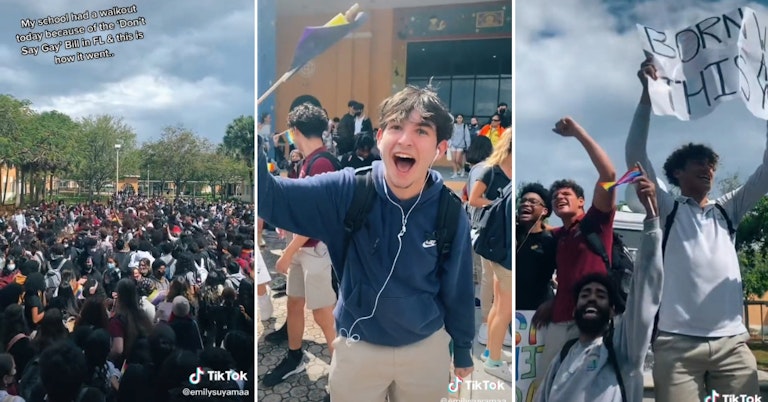 High school kids crowding into the school courtyard, waving queer flags and chanting to protest the "Don't Say Gay" bill in Florida