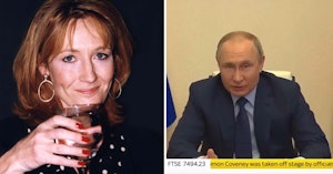 J.K. Rowling holding up a glass of wine and Vladimir Putin speaking to the camera