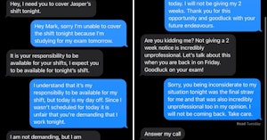 Text conversation showing a manager demanding a worker come in on their day off and getting upset when the worker quits instead