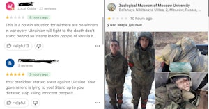 Screenshots from Google Maps and reviews showing captured Russian soldiers and pleas for Russians to stop the war
