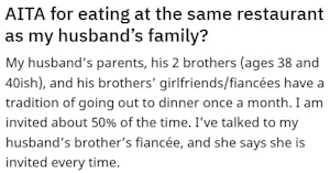 Reddit AITA entry from a woman being excluded from her husband's family's monthly dinners