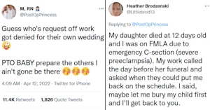 Tweets talking about times bosses were awful about time off requests