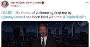 Tweet by Rep. Marjorie Taylor Green saying she's filing a police report against Jimmy Kimmel for a joke