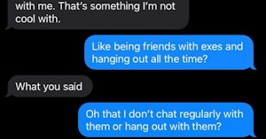 Text conversation discussing whether one of them is friends with their exes