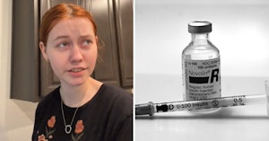 TikTok user Abby Gebo acting out an interacting with her former boss and vial of insulin with a syringe