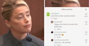 Amber Heard testifying in court for the Johnny Depp defamation trial and Duolingo TikTok account making a joke comment about it