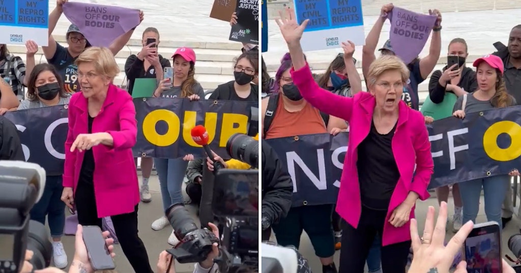 Senator Elizabeth Warren giving a speech to pro-choice activists in front of the SCOTUS steps