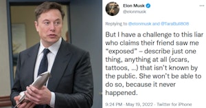 Elon Musk holding a rocket and his tweet challenging his sexual harassment accuser to give identifying details about his genital area