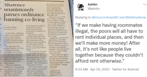 Newspaper clip about a city in Kansas banning "co-living" and reaction tweet