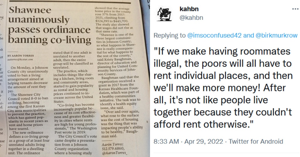Newspaper clip about a city in Kansas banning "co-living" and reaction tweet