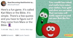 Tweet by Joshua Potash asking people to guess if quotes came from Karl Marx or the Bible and Bible quote condemning the rich over a Veggietales background