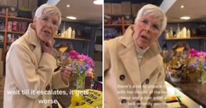 Old woman in a TikTok video yelling at the camera in a flower shop