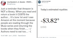 Lisa Kessler tweet complaining that people returning Amazon eBooks after reading them is costing her money and tweet with screenshot of negative Amazon balance