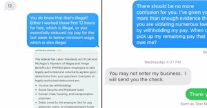 Text conversation between a worker and their former boss on labor law