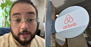 Chris Chill talking into the camera for a TikTok video and sign with with Airbnb logo