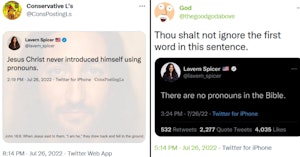 Twitter users mocking Lavern Spicer for claiming there are no pronouns in the Bible