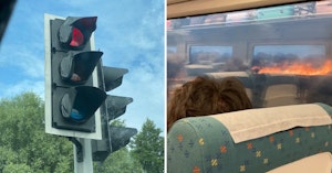 Photo of melting traffic lights and video of people sitting on a stuck train while flames rage outside the windows