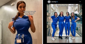 A woman in scrubs with a large chest and small waist and ad showing how they look on other women