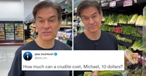 Video of Dr. Oz shopping in a grocery store produce section while talking to the camera