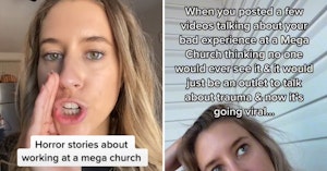 Screenshots of two TikTok videos by the same woman, one with her putting her hand next to her mouth like she's sharing a secret and another with a paragraph of overlay text that she's looking up at