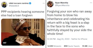 Two tweets making fun of people saying that student loan forgiveness is unfair