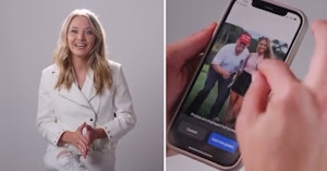 Ryann McEnany talking to the camera on a grey background and a woman selecting a photo of herself on her phone posing with Donald Trump on a golf course
