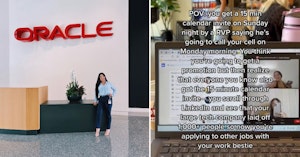 Kimberly Foo posing in front of the Oracle front desk and her TikTok video of her computer with overlay text explaining how she was laid off