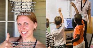 TikTok video showing a woman giving a smile and thumbs-up with overlay text and photo of children raising their hands for the teacher