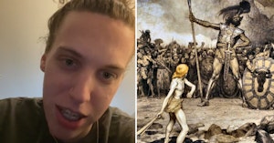 Young man speaking into the camera for a TikTok video and painting depicting the Biblical story of David and Goliath