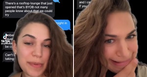 TikTok video with a woman's face over Hinge app messages