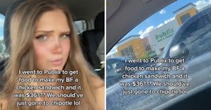 TikTok video with a woman looking into the camera and then showing a Publix storefront with text complaining about the high prices