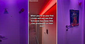 TikTok video showing a cruise chip cabin hallway with two doors featuring pineapple artwork