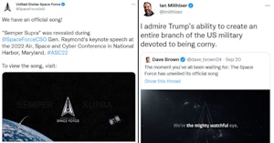 Tweet from the official Space force account announcing their new anthem and another tweet mocking it