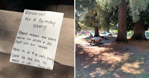 Note left on a park table bench saying it's reserved for a child's party and photo of the larger park and three reserved tables