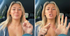 Woman in a car speaking to the camera, holding up one and then five fingers