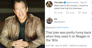 Tim Allen's Twitter profile photo and reply to one of his tweets dissing his joke about Joe Biden
