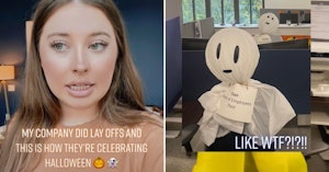 Young woman speaking into the camera with overlay text about company halloween decorations after layoffs and a makeshift ghost sitting in an office cubicle chair with a sign reading "Dan" and "Ghosts of Employees Past"