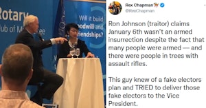 Senator Ron Johnson sitting at a Rotary Club table with a mic answering a question next to the host and Rex Chapman tweet condemning him for his role in the January 6 Capitol riot