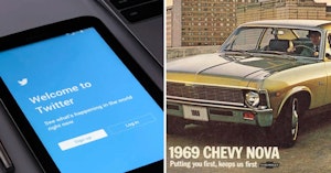 Smart phone open to the "Welcome to Twitter" page and 1969 advertisement for the Chevrolet Nova
