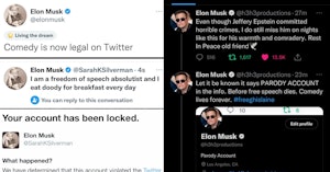 Twitter accounts impersonating Elon Musk to say funny things or talk about his crimes with Sarah Silverman's efforts leading to an account suspension after Musk claimed comedy is legal on Twitter