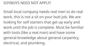 Text from a job ad saying "SOYBOYS NEED NOT APPLY" and a bunch of stuff about being a "real man"