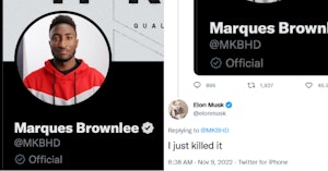 Marques Brownlee Twitter account with the "official" label and Elon Musk tweet saying he "killed" this new feature